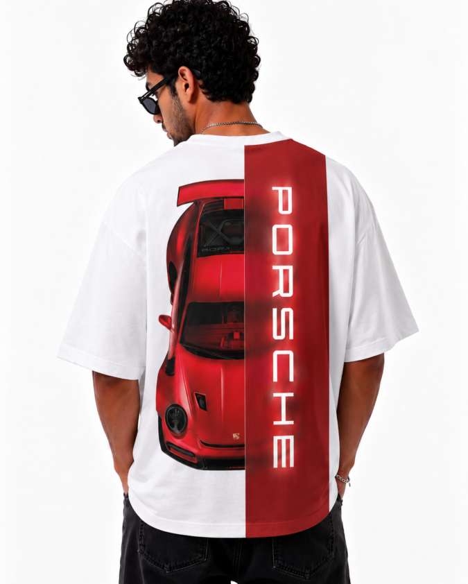 Porsche Oversized Graphic T-Shirt back view featuring a red sports car graphic and vertical red panel text design by Flexu