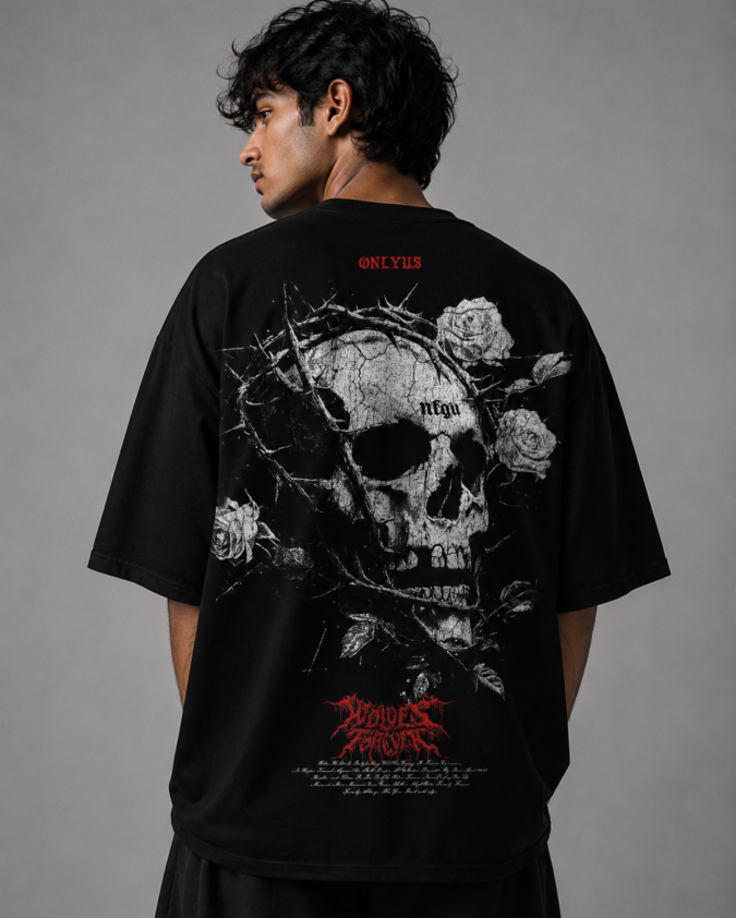 Berserk Wolves Forever Oversized Graphic T-Shirt back view featuring detailed skull with a crown of thorns and gothic white roses by Flexu