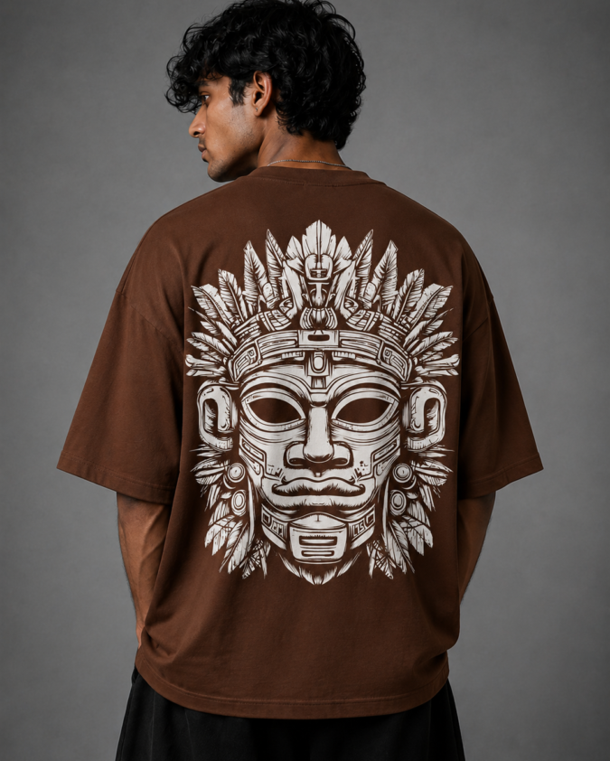 Aztec Warrior Mask Oversized Graphic T-Shirt – Tribal Streetwear Edition