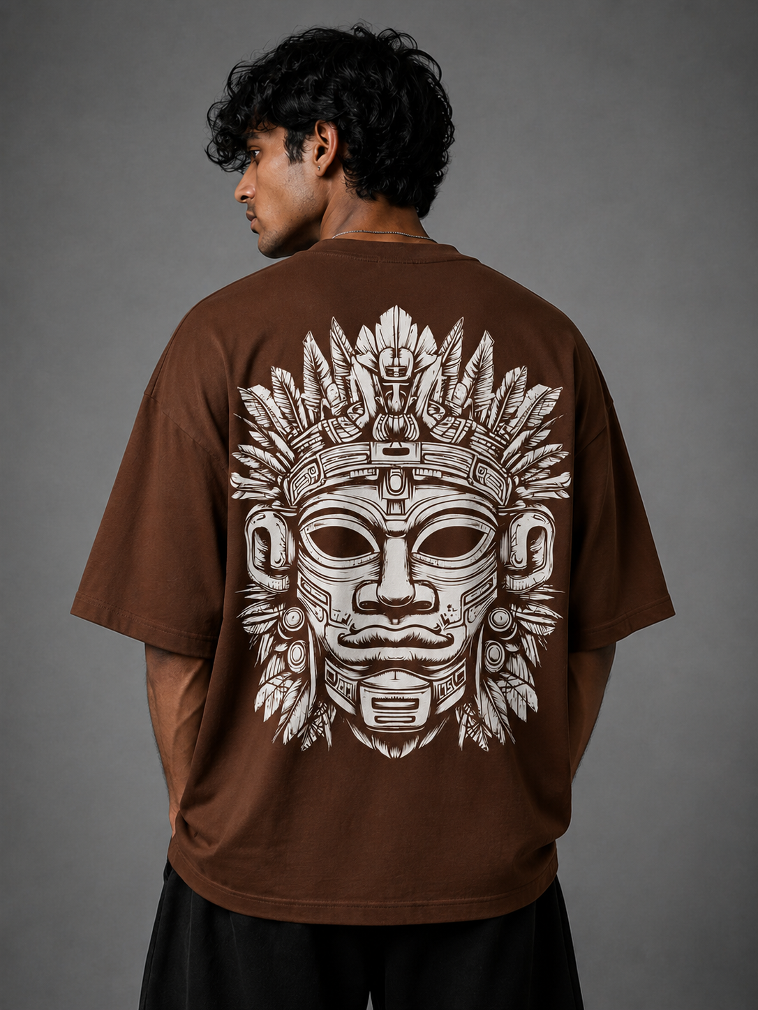 Aztec Warrior Mask Oversized Graphic T-Shirt – Tribal Streetwear Edition